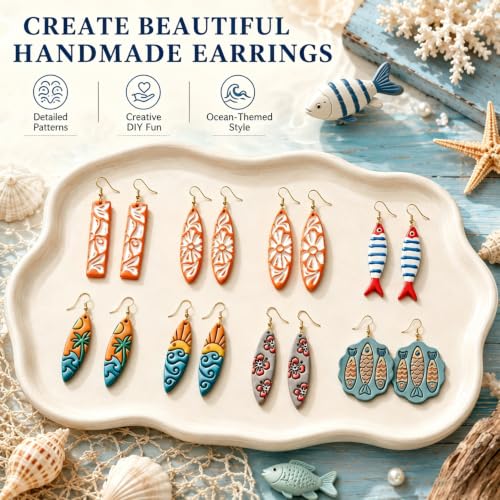 8Pcs Ocean Clay Earring Molds, Fish Flower Wave Polymer Clay Tools. Ocean Fish, Wave & Floral Patterns for Detailed Handmade Earrings and Coastal Clay Jewelry Designs - color: Surfboard