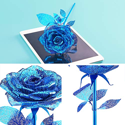 Piececool 3D Metal Puzzles Rose Flower Model Kits, Artificial Fake Flowers Metal Building Blocks DIY 3D Puzzle for Adults, for Father Mothers Valentines Day, 15Pcs - color: Blue