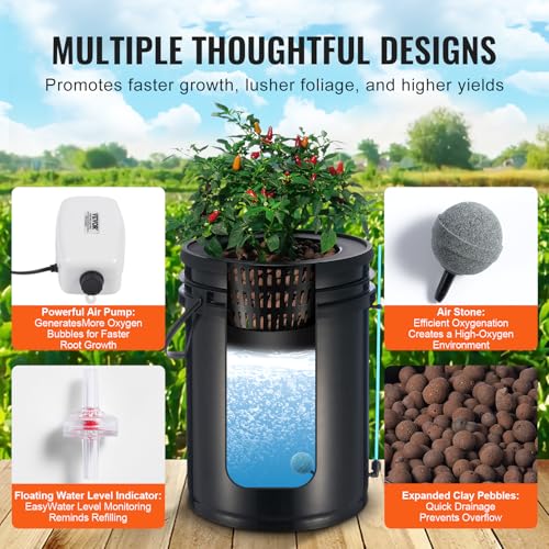 VEVOR DWC Hydroponics Grow System, Hydroponic Growing System with Top Drip Kit, 5-Gallon Deep Water Culture with Air Pump, Air Stone and Water Level Device for Leafy Vegetables(1 Bucket+Top Drip Kit) - style: 1 Bucket+Top Drip Kit