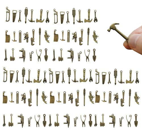 100 Pcs Bronze Color Tool Miniature Figurines Mini Tool Figurines Miniature Tools Including Hammers, Screwdrivers, and Wrenches for DIY Crafts