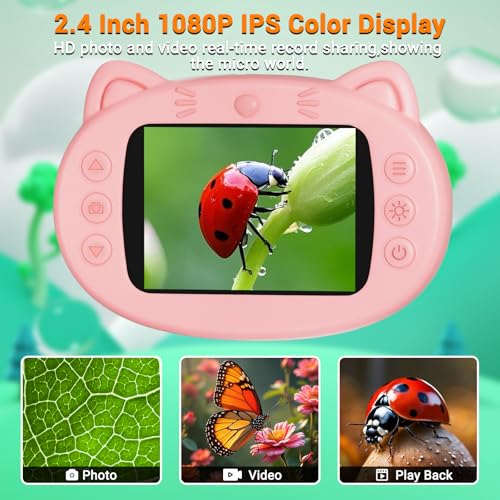 Pocket Kids Microscope, 1000X Handheld Microscope for Kids w/2.4'' Screen, Photo Video Mini Portable Microscopes Science Edu Digiscope, Christmas Birthday Gifts Ideas for Kids Ages 3-12 - color: Pink