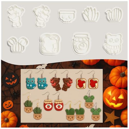 9 Pack Skull Plant Polymer Clay Cutters - Strawberry Honey Jar/Bread Slice/Skull Potted Plant/Balloon Bear/Cat with Scarf, Ideal for Earrings & Earring Cutters - color: Halloween Bear