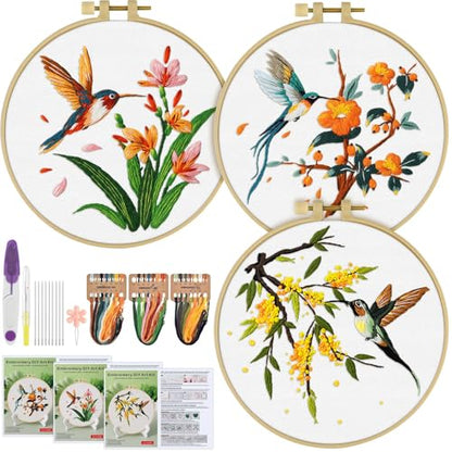 ERKOON 3 Sets Embroidery Kit, Hummingbird Cross Stitch Set for Include Embroidery Cloth Hoops Threads for Craft Lover Hand Stitch (Hummingbird) - color: Hummingbird