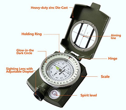 AOFAR Military Compass,AF-4580 Lensatic Sighting, Waterproof and Shakeproof with Map Measurer Distance Calculator, Pouch for Camping, Hiking - color: Camouflage
