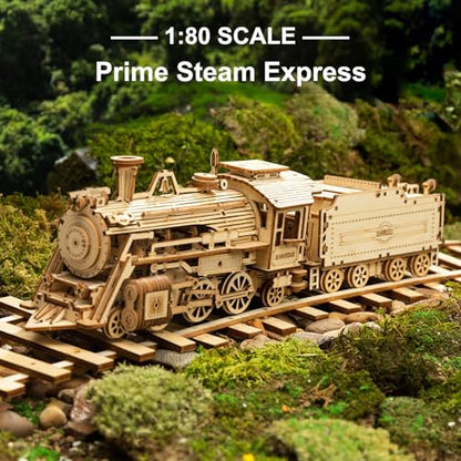 ROKR 3D Wooden Puzzle for Adults Mechanical Car Model-DIY Building Vehicle Kits-Brain Teaser Toys-Gift for Men Women on Birthday/Christmas Day (Steam Train Model with Carriage)