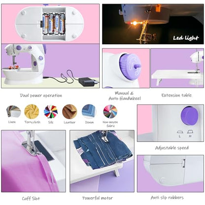 Mini Sewing Machine for Beginners-Maquina de Coser, Easy Automatic Sewing Machine with Extension Table, Household Electric Portable Sewing Tool with Sewing Kit, Small, for All Age, Kids or Adults - style: 202 Upgrade for Beginners