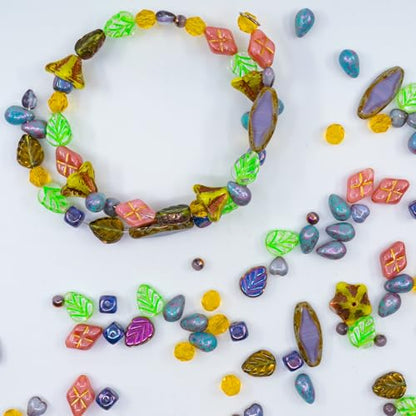 1.4oz (40g) Limited Mix of Czech Glass Beads, Hand Made Set Kit, Purple Spindl Yellow Petunia Glass Beads Mix 001 - color: LMIX 001