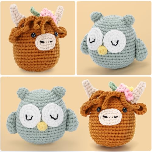 CrochetBox Brown Highland Cow and Owl Crochet Kit for Beginners, 2 PCS Set - color: 2 PCS Brown Highland Cow and Owl