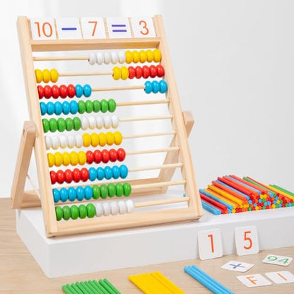 QQM Wooden Abacus Math Manipulatives Set with 100 Counting Beads, Math Sticks & Number Alphabet Cards, Folding Counting Toy Preschool Learning Activities Gift for Kids Toddlers Ages 3+