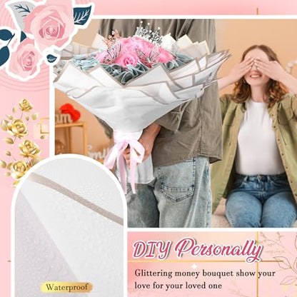 XunYee Bouquet Kit 20 Sheet Flower Wrapping Paper 100 Pcs Bamboo Skewers Floral Foam Blocks for Anniversary Birthday Gift Graduation Mother's Day(White) - color: White