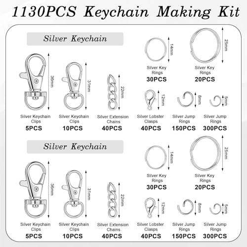 BESARME 1130Pcs Keychain Making Kit, Silver Jump Rings & Clasps - color: Silver