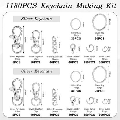 BESARME 1130Pcs Keychain Making Kit, Silver Jump Rings & Clasps - color: Silver