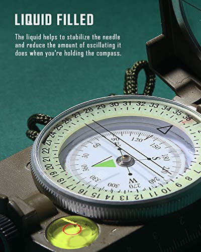 Eyeskey Multifunctional Tactical Survival Military Compass with Lanyard & Pouch | Waterproof & Impact Resistant | Lensatic Sighting Compass for Hiking - color: EK1001 Green Compass