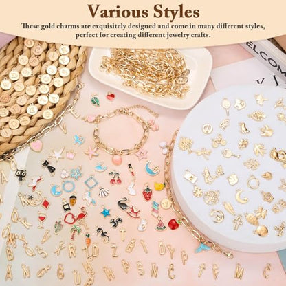 Flasoo 416 Pieces Gold Charm Bracelet Making Kit, Including Paperclip Chain Bracelets, Charms, Jump Rings for Jewelry Making