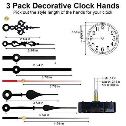 EMOON High Torque 12888 Clock Movement Mechanism with 3 Pairs of Hands, Silent Sweep Quartz Clock Motor Kit for Clock Repair DIY Replacement - size: Total Shaft Length 3/4 in