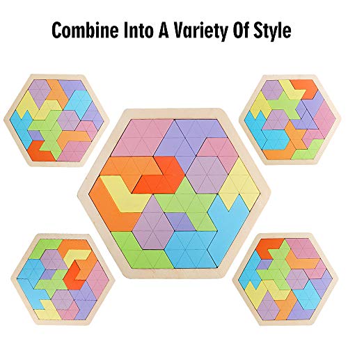 Wooden Hexagon Tangram Puzzle, STEM Educational Brain Teaser for All Ages - style: Puzzle 3- Pink
