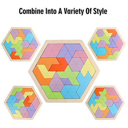 Wooden Hexagon Tangram Puzzle, STEM Educational Brain Teaser for All Ages - style: Puzzle 3- Pink