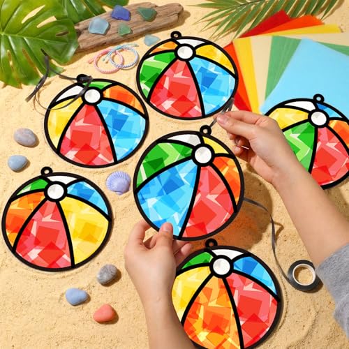Qyeahkj 36 Set Beach Balls Suncatchers Craft for DIY Summer Party Paper Craft Kit Game Beach Balls Stained Glass Window Ornaments Decoration for Home Art Project Party Favor Gift - style: Beach Balls