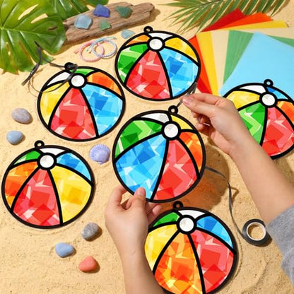 Qyeahkj 36 Set Beach Balls Suncatchers Craft for DIY Summer Party Paper Craft Kit Game Beach Balls Stained Glass Window Ornaments Decoration for Home Art Project Party Favor Gift - style: Beach Balls