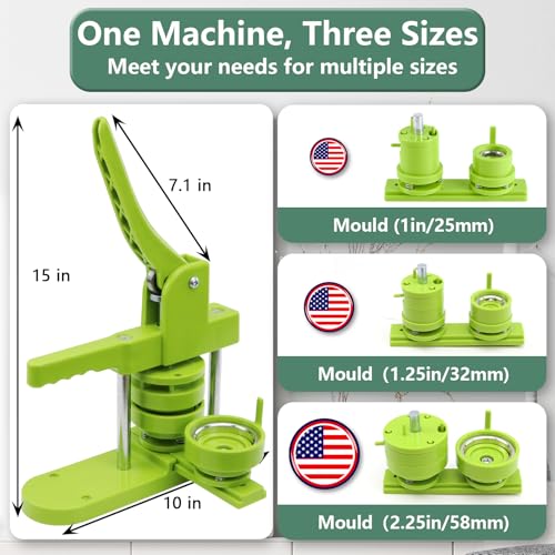 Happizza Button Maker Machine Multiple Sizes, Pin Maker Machine 1+1.25+2.25 inch, Interchangeable Button-Models Badge Button Press Machine with 300 Sets 25+32+58mm Button Maker Supplies&Circle Cutter - size: Green 1+1.25+2.25 inch (300 Sets)