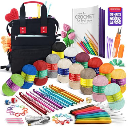 Crochet Kit for Beginners Adults and Kids - Beginner Crochet Kit for Adults with Step-by-Step Video Tutorials, Amigurumi and Crocheting Kit, Crochet Starter Kit with Crochet Yarn and Crochet Backpack - color: Black, style: Crochet Kit + Bag