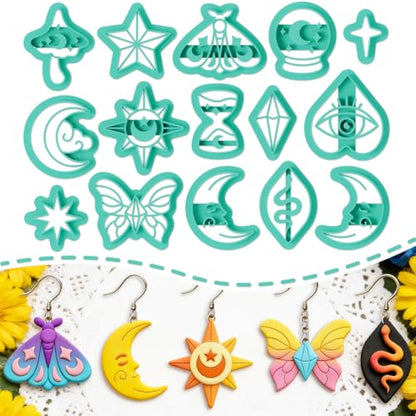 ORIGACH 15 Pcs Mystic Divination Theme Polymer Clay Cutters Set Sun Moon Star Butterfly Shape Earring Clay Cutter DIY Craft Supplies for Earring and Jewelry Making - style: Mystic Divination