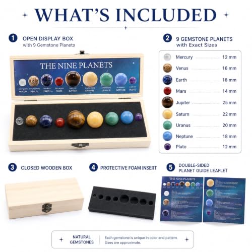 9 Planets Solar System Gemstone Set with Wooden Display Box