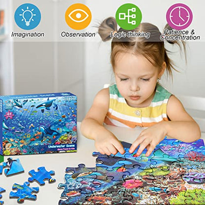 Puzzles for Kids Ages 4-8 6-8 8-10 Year Old - Underwater Scene - 100 Pieces Jigsaw Puzzle for Kids Learning Educational Puzzles for Boys Girls (with Sturdy Box) - color: Underwater Scene