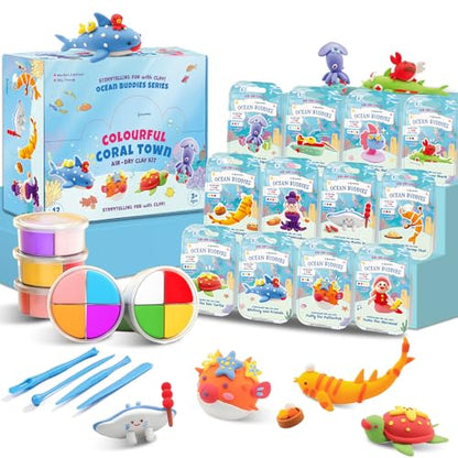 Ocean Buddies Air Dry Clay Kit for Kids - 12 Marine Animal Models with 4 Colors & Sculpting Tools, Ultra Light & Soft Modeling Clay Set, Non-Toxic DIY Arts and Crafts Gift for Boys & Girls Ages 3+ - color: blue