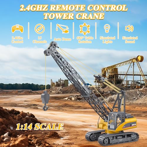 Remote Control Tower Crane Die Cast Truck Hoist Dragline 1:14 Scale 2.4GHz Remote Control Engineering Lift Model Truck Crawler Loader Excavator Bulldozer Construction Toy for Boys & Girls