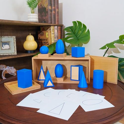 Premium Montessori Geometric Solids with Matching Cards, Solid Beechwood 3D Shapes, Plane Figures, Stands & Cards, Sensorial Geometry Materials for Spatial Awareness, Homeschool Classroom Kids 3-9