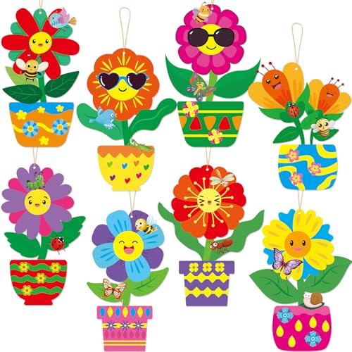 Fancy Land Spring Flower Craft Kit for Kids Make Your Own Flower Pot DIY Art Set Hanging Ornaments for Preschool Classroom Home Activities 24Pcs