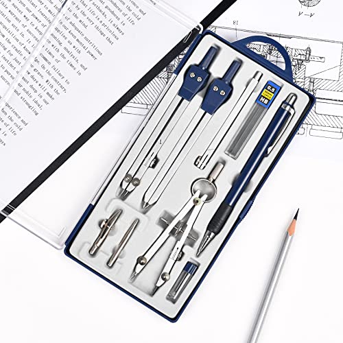 Unjoo 9Pcs Precision Geometry Set Metal Compass,Geometry Tool Set (Blue)