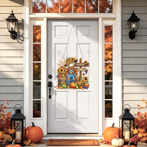 NAIMOER Halloween Diamond Art Hanging Kits for Adults, Scarecrow 5D Special Shaped Rhinestone, DIY Acrylic Diamond Art Painting Window Pendants Home Garden Wall Hanging Ornament Kits, Double Sided - color: Fall Scarecrow