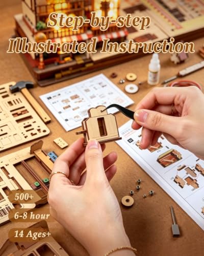DIY Moving Miniature House Kit, 3D Wooden Puzzle Burger Joint Shop for Adults, Mechanical Model Building Kit with Music Box & LED Light Book Nook Kit
