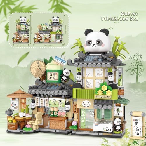 Street View Tea Shop Mini Building Blocks, MOC Creative Building Toys Cute Panda Animals Building Set for Girls 6-12, Simulation Architecture Construction Toy, Gift Idea for Kids Adults (860PCS) - style: Tea Shop