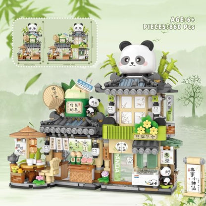 Street View Tea Shop Mini Building Blocks, MOC Creative Building Toys Cute Panda Animals Building Set for Girls 6-12, Simulation Architecture Construction Toy, Gift Idea for Kids Adults (860PCS) - style: Tea Shop