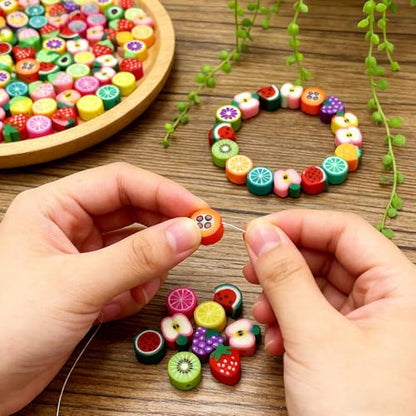 100 pcs Fruit Polymer Clay Beads, VEINARDYL Colorful Mixed Fruit Charm Bead Kit,Cute Fruits Clay Bead for DIY Crafts Earring Necklace Bracelets Making - color: Fruit