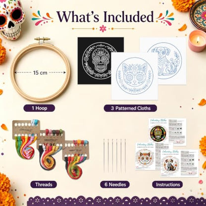 Nuberlic 3 Pack Sugar Skull Embroidery Kit for Beginners, Day of the Dead - color: Day of the Dead