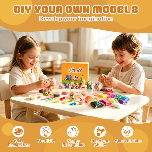 Air Dry Clay- Ultra Light Modeling Clay Set with 6 Shareable Jars & 48 Color Refill Packs, 12 Molds, 3 Tools No-Mess Magic Clay Arts and Crafts Gift Toddlers
