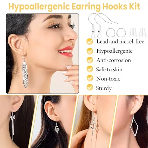 Hypoallergenic Earring Hooks, Ear Wires Fish Hooks, 600 Pcs Silver Earing Making Supplies Kit with Earring Backs and Jump Rings for DIY Jewelry Making (Silver) - color: Silver