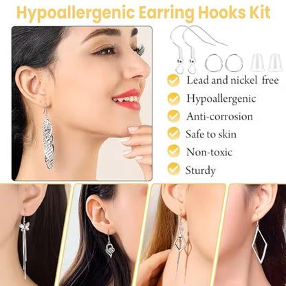 Hypoallergenic Earring Hooks, Ear Wires Fish Hooks, 600 Pcs Silver Earing Making Supplies Kit with Earring Backs and Jump Rings for DIY Jewelry Making (Silver) - color: Silver
