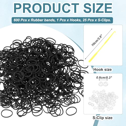 MECCANIXITY 600 Pcs Loom Rubber Bands Kit with 25 Pcs S-Clips 1-Hook Rubber Bands Refill Bracelet Making Kits for Weaving DIY Handcrafts Gift, Black - color: Black