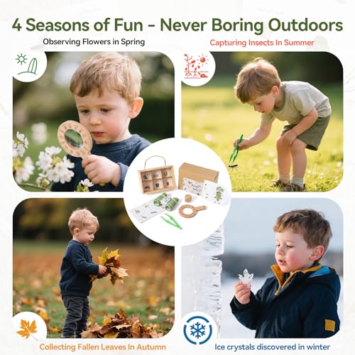 WOODEN TEETHER Kids Scavenger Hunt Play Set, 15pcs Treasure Hunt Kit with Binoculars, 10 Double-Sided Cards & Storage Box Indoor/Outdoor Exploration for Home, Backyard, Park