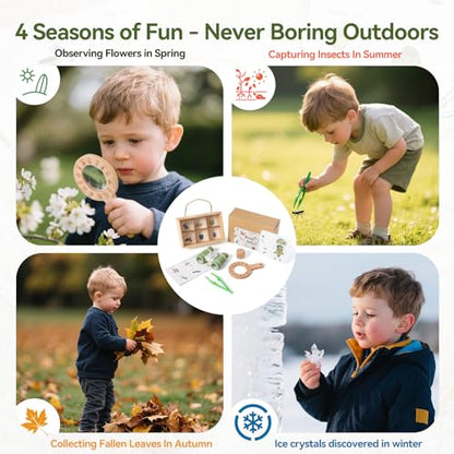 WOODEN TEETHER Kids Scavenger Hunt Play Set, 15pcs Treasure Hunt Kit with Binoculars, 10 Double-Sided Cards & Storage Box Indoor/Outdoor Exploration for Home, Backyard, Park