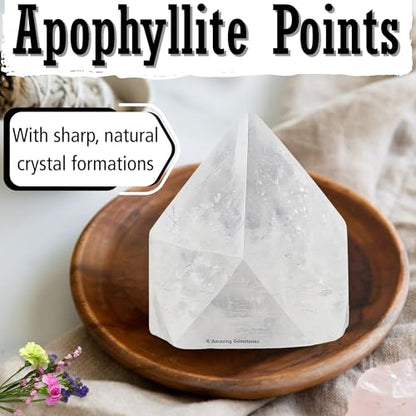 Amazing Gemstone Apophyllite Crystals and Healing Stones Mineral Specimen Set of 6 - Premium Semi Precious Gem Stones - Healing Crystals Geodes Clusters for Meditation, Chakra Balance (S) - color: Apophyllite Points, size: Small