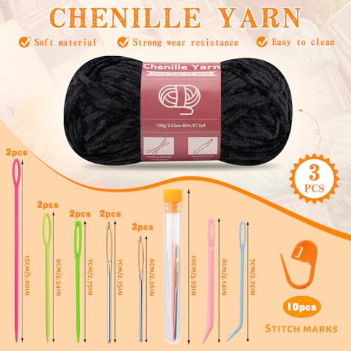 LUNARM Chenille Yarn 3 Pack 3.5oz Chunky Blanket Velvet Yarn 263 Yard - color: Black