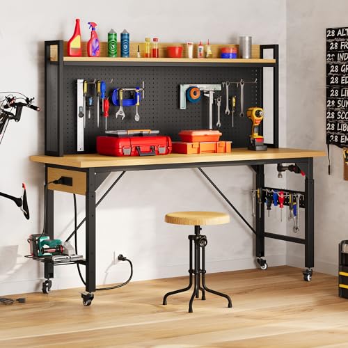 DWVO 60in Heavy Duty Workbench with Pegboard & Wheels Adjustable Work Table - size: 60" Workbench w/Pegboard