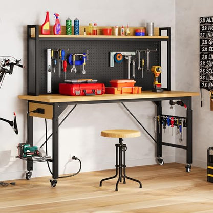 DWVO 60in Heavy Duty Workbench with Pegboard & Wheels Adjustable Work Table - size: 60" Workbench w/Pegboard