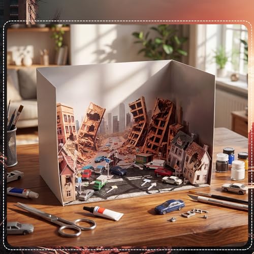 AmazingSpark 2 Set Earthquake Themed Diorama Box and Road Cracked Sticker Decor, Earthquake Diorama Project Supplies Set, Cardboard Display Case Kit & Card with Double Sided Tapes for DIY Crafts - style: Earthquake